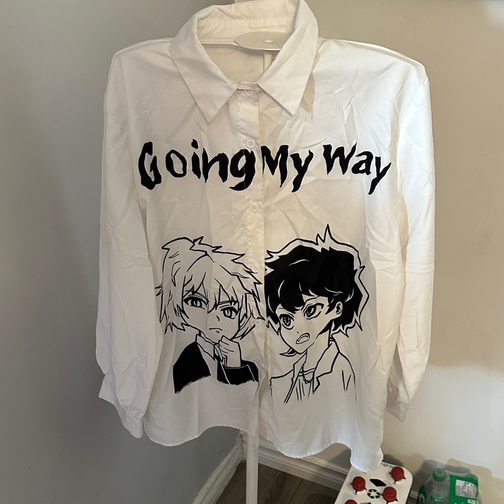 Romwe size Small White Graphic Button-Up Shirt